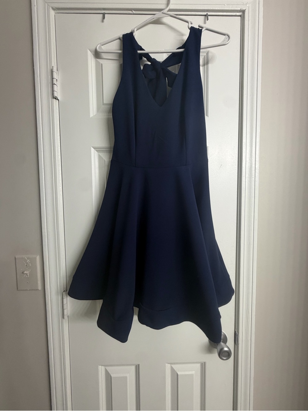 B Darlin Navy V-Neck High-Low Fit-and-Flare Dress with Back Bow Detail
